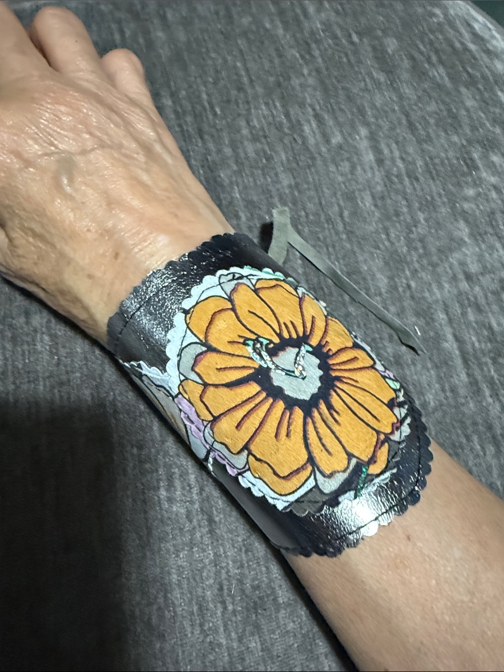 Hand Crafted Wide Floral Printed Leather PachCuff Bracelet - Orange Flower
